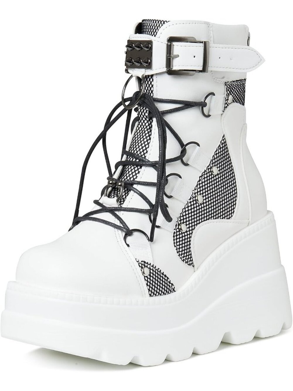 Women's White Polyurethane Platform Chunky Stylish Lace Up Round Toe Ankle Boots